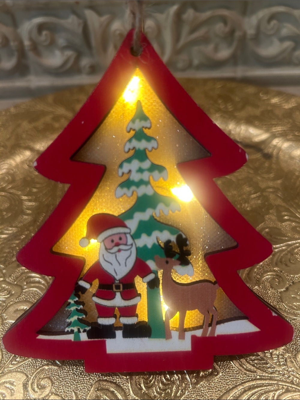 NWT Festive Red Holiday Christmas Tree with Santa Light Up 4” Ornament